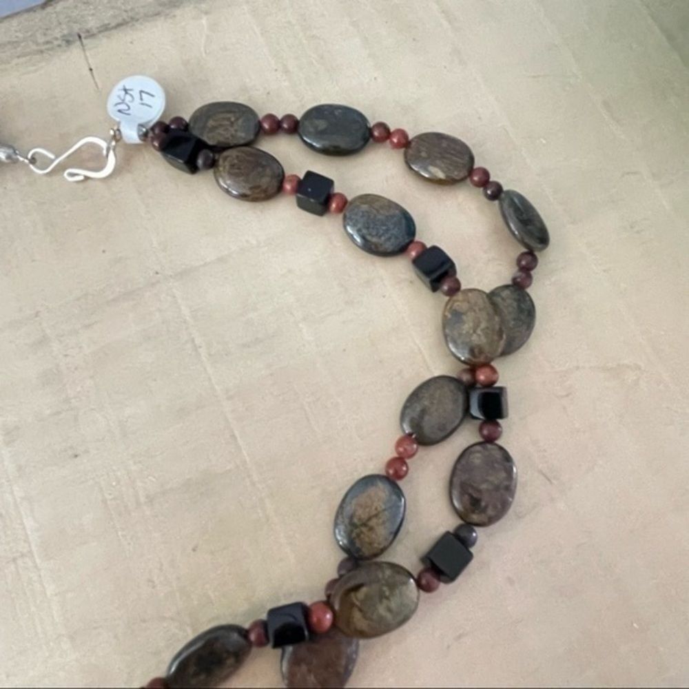$49 SALE Handmade Layered Red Jasper Bronzite Necklace 26” Contemporary Long - Picture 5 of 8